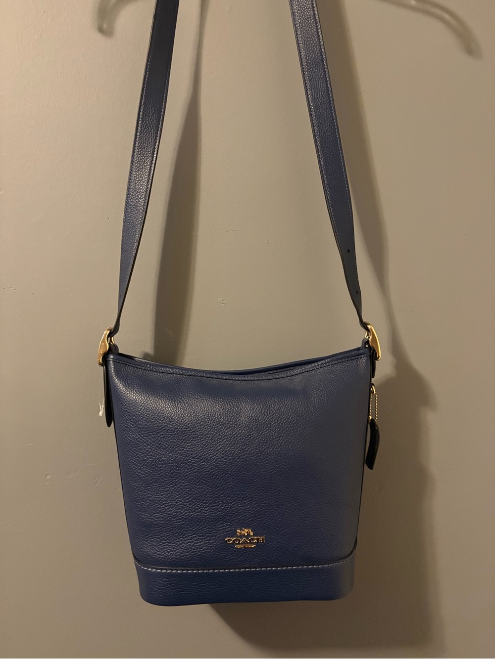 Coach Navy Pebble Leather Bucket Crossbody with Gold Hardware